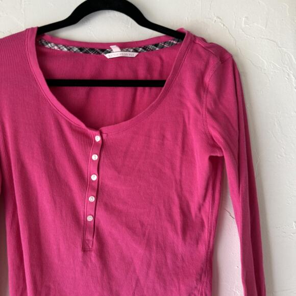 Victorias Secret Henley Shirt Y2k Fitted Medium Pink Long Sleeve Thermal Top - Picture 2 of 9